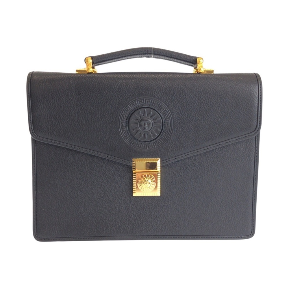 VERSACE Vintage Sunburst Black Leather Second Bag Clutch Business for Men
